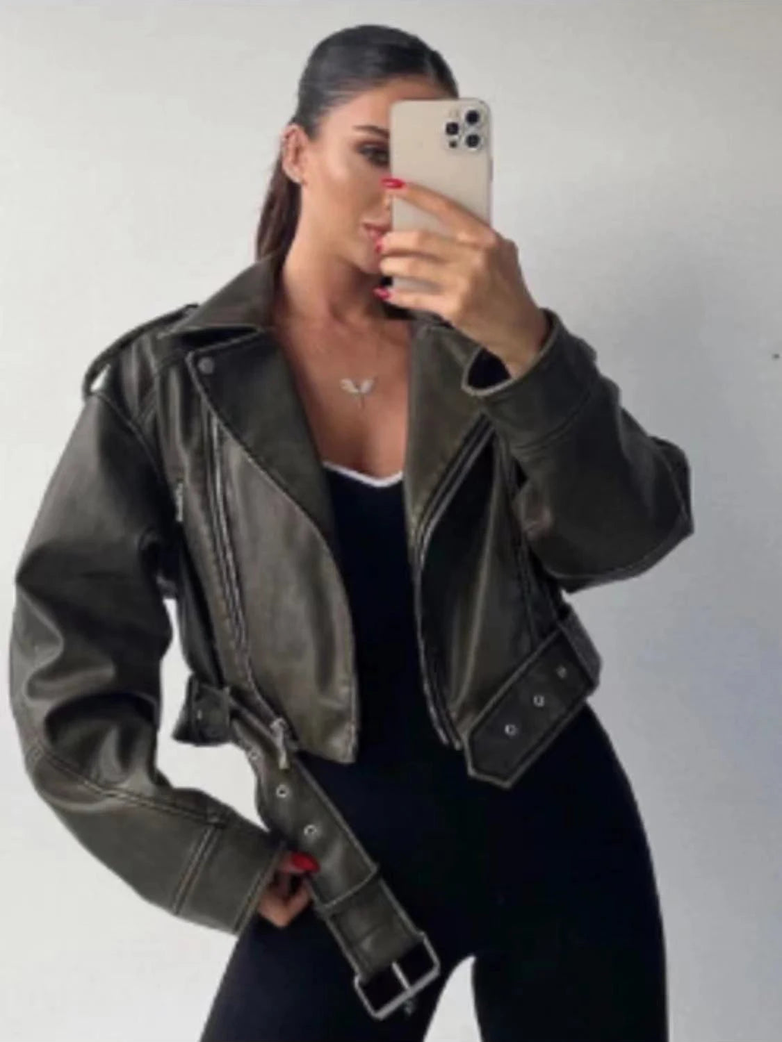 Éclatelle Washed PU Leather Short Biker Jacket