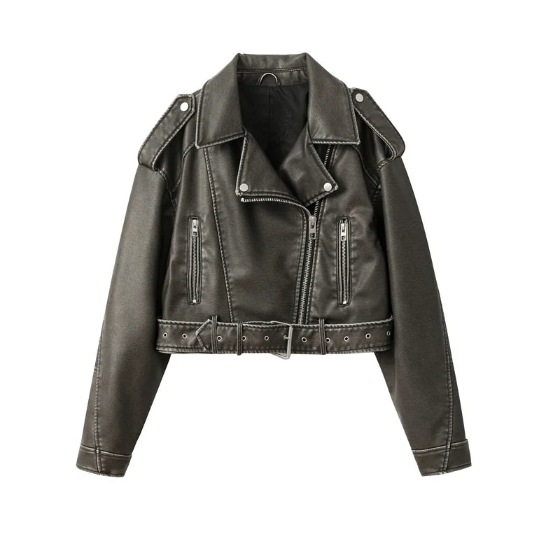 Éclatelle Washed PU Leather Short Biker Jacket