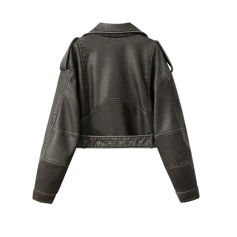 Éclatelle Washed PU Leather Short Biker Jacket