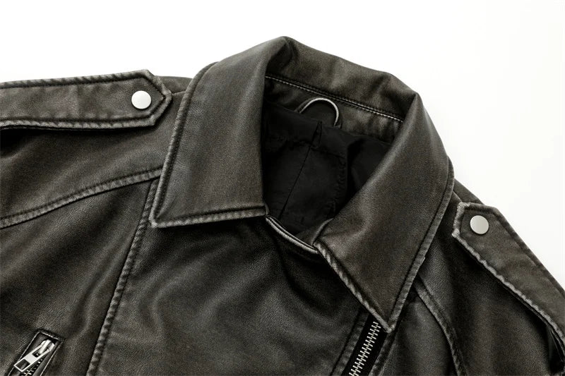 Éclatelle Washed PU Leather Short Biker Jacket