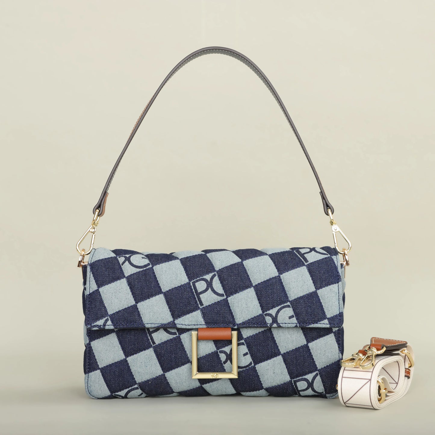 Éclatelle Premium Checkered Crossbody Bag with PU Leather & Gold Buckle